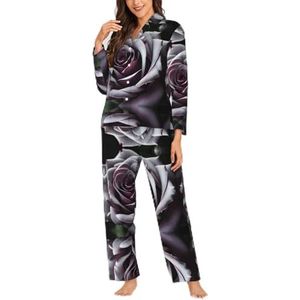 Ouyniei Gothic Rose Bloem Vrouwen Lange Mouwen Pyjama Knopen Shirt Set 2 Stuk Nachtkleding Voor Dames S-Xxl, Zwart, S