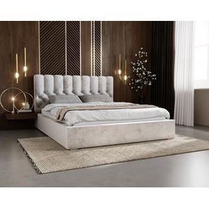 Emporius Gestoffeerd bed 160x200cm Sevilla - Tweepersoonsbed in glamourstijl - bed met opbergruimte, lattenbodem, fluwelen overtrek - Lichtgrijs (Magic Velvet 2218)