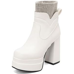 4,5 Cm Platform Enkellaarsjes Dames Vrijetijds Korte Laarzen Met Blokhak Ritssluiting Enkellaarsjes PU Leer Bikerlaarsjes Elegant 12 Cm Hoge Hakken Herfst Winter Enkel Schoenen for Feest(White,42 EU)