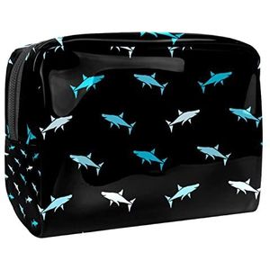 Blauwe haaien patroon zwarte achtergrond afdrukken reizen cosmetische tas voor vrouwen en meisjes, kleine waterdichte make-up tas rits zakje toilettas organizer, Meerkleurig, 18.5x7.5x13cm/7.3x3x5.1in, Modieus