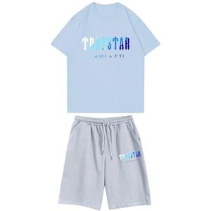 Trapstar kinder T-shirt met korte mouwen herensportpak,2-delige joggingbroek van trapstar-katoen met korte mouwen,100-160,jongen,deerntje,Zomer casual trainingspak(Color:7,Grootte:110(child))
