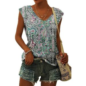 WNEEDU T-shirt dames zomer V-hals tanktop losse blouse bovenstuk zomer dames licht en luchtig met kapmouwen, 01 paleis groene bloem, S