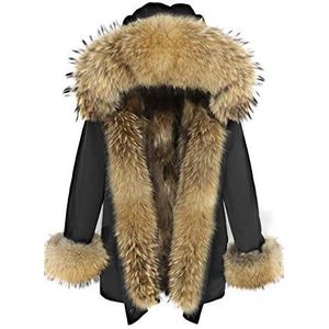 Lea Marie Luxe premium parka voor dames, XXL-kraag van 100% echt bont, jas met vossenbont binnenvoering, zwart, XXL
