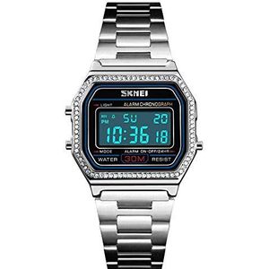 Gosasa Dames heren casual klassieke vierkante LED achterlicht dagelijks alarm digitale armband horloge met roestvrij stalen band, Kristallen Zilver, M, Digitaal