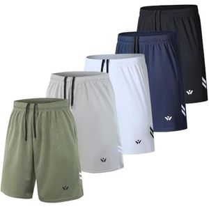 fovdtaa 5-pack sportshorts voor heren, atletische shorts voor heren met zakken en elastische tailleband, sneldrogende trainingsshorts voor heren, hardloopbroek, Zwart, grijs, wit, lichtgrijs, groen, S
