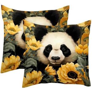 Panda met zonnebloemen, set van 2 vierkante kussenslopen, decoratieve zachte fluwelen kussensloop voor bank, bank, auto, woonkamer, 40 x 40 cm