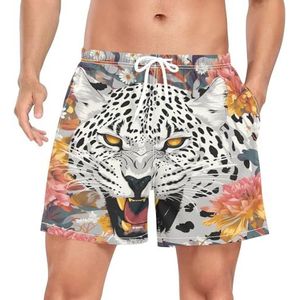 Leopard Skin Animal White Zwembroek voor heren, sneldrogend, met zakken, Leuke mode, S