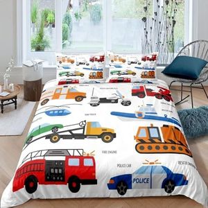 Tabeskly Kinderen Jongen Auto Graver Tractor Engineering voertuig Zachte Rits Bed Beddengoed Dekbedovertrek Set Single Wit 135 × 200 cm