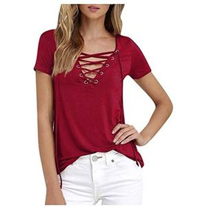 KaloryWee Vrouwen Effen Kleur Plus Size Tops Sexy Trekkoord V-hals T-Shirt Korte Mouw Zomer Tee 2020 Mode Blouse S-5XL, Wijn, M