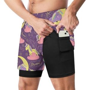 Slapen Eenhoorn Grappige Zwembroek met Compressie Liner & Pocket Voor Mannen Board Zwemmen Sport Shorts