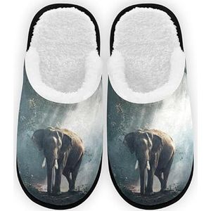 Heren Dames Slippers Olifant In Het Bos Pluche Voering Comfort Warm Koraal Fleece Dames Slippers voor Indoor Outdoor Spa