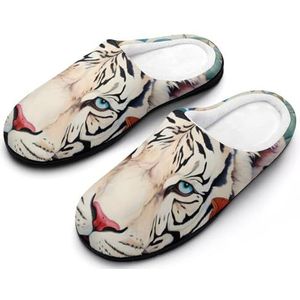 Vintage India Witte Tijger Olifant Katoenen Slippers Voor Vrouwen Warme Anti-Slip Rubber Zool Huis Schoenen Voor Indoor Hotel 7-8 (39-40)