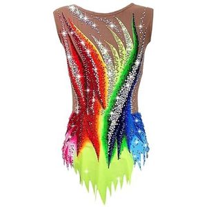 Ritmische gymnastiek turnpakje for meisjes patchwork gradiënt dames competitie eendelige outfit met strass(M)