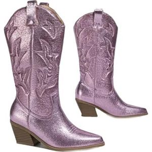 Lmtossey Metallic cowboylaarzen voor dames, westernlaarzen, winter, rits, geborduurde spitse neus, hoge hakken, Nieuwe Pnnrk, 40.5 EU