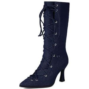 Dames Denim Laarzen, Modieuze Puntige Neus Stiletto Voorkant Veter Hoge Laarzen For Feestjes, Winkelen Of Dagelijks Gebruik(Dark Blue,42 EU)