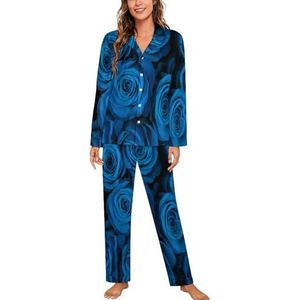 Mooie Blauwe Rozen Pyjama Sets Met Lange Mouwen Voor Vrouwen Klassieke Nachtkleding Nachtkleding Zachte Pjs Lounge Sets