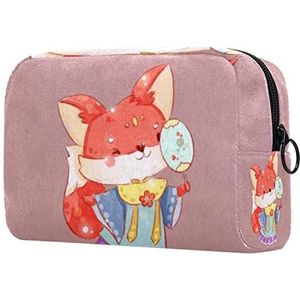 Little Fox in Hanfu - Holding a Fan Print Travel Cosmetic Bag voor vrouwen en meisjes, kleine make-up tas rits zakje toilettas organizer, Meerkleurig, 18.5x7.5x13cm/7.3x3x5.1in, Modieus
