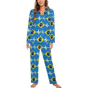 Brazilië Vlag Heart Beat Vrouwen Lange Mouw Button Down Nachtkleding Zachte Nachtkleding Lounge Pyjama Set M
