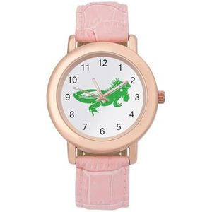 Groene hagedis kameleon vrouwen horloge PU band polshorloge quartz roze Valentijnsdag cadeau