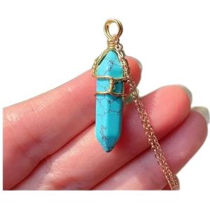 Sterling Zilveren Ketting Healing Sieraden Natuursteen Hanger Draad Wrap Hexagonal Bullet Amethists Quartz Crystal Necklace Pendulum Chakra Pendulo Ketting (Style : Turquoise)