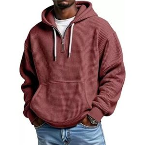 Heren sweatshirts, lange mouwen casual sweatshirt met capuchon, 1/4 rits pullover, vintage mode hoodie met zakken(Burgundy,5XL)