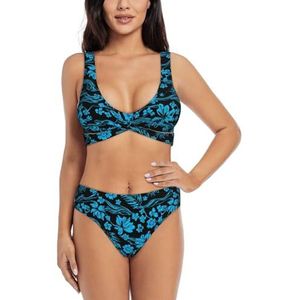 Zelinge Dames bikinisets sportief 2-delig badpak hoog getailleerd badpak S-XXL, Blauwe Bloemen Golven op Donker, S