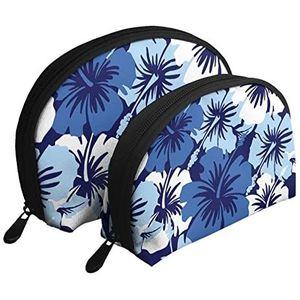 OTRAHCSD Make-up tas, schattige anime dinosaurussen 2 pack cosmetische tas, draagbare rits zakje toilettas voor vrouwen, Blauwe Hibiscus Bloem, Eén maat