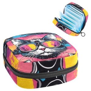 Opbergtas voor maandverband, kunstkittengezichten met zonnebril, draagbare maandverband, inlegkruisjes, tampons, maandverband, opberghouder voor vrouwen, school, kantoor