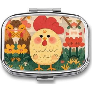 Leuke haan kippen bedrukt draagbare pillencontainer reizen pillengevallen met spiegel 2 compartimenten geneeskunde doos decoratieve metalen medicijnen voor zak portemonnee reizen dagelijks