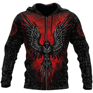 Viking Raven Tattoo Hoodies, Nordic Vegvisir Totem 3D Digital Printed Full Zip Pullover, Unisex Middeleeuwse Trekkoord Hooded Casual Trainingspakken Plus Size S-5XL