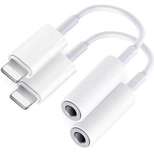 Hoofdtelefoonadapter [Apple MFi gecertificeerd] 2 stuks Lightning naar jack 3.5 adapter Aux naar 3,5 mm hoofdtelefoonaansluiting, compatibel met iPhone 14/13/12/11/XR/X/XS/8/7, ondersteunt alle iOS-