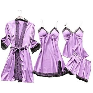 Dames Pyjama Sets Satijn Nachtkleding Zijde 4 Stuks Nachtkleding Pyjama Band Kant Slaap Lounge Pyjama Met Borst Pads (Color : Purple2, Size : XXL)