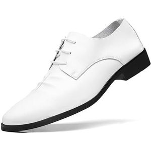 Oxford-schoenen for heren met veters, ronde neus, leren geplooide derbyschoenen, blokhak, antislip rubberen zool, lage schoolbal(White,42 EU)