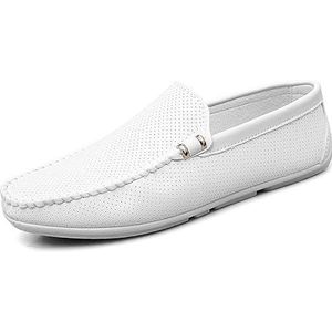 Loafers for heren Uitgeholde ademende ronde neus Veganistisch leer Rij-instappers Lichtgewicht platte hakbestendige wandelslip-on (Color : White, Size : 39 EU)