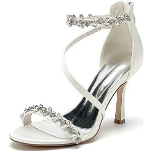 GHSIRUEU Bruiloft Hakken Voor Vrouwen Naaldhak Open Teen Steentjes Satijn Avond Feestjurk Pumps Schoenen,ivoor,36 EU