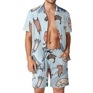 Grappige doodle katten heren 2 stuks Hawaiiaanse sets losse pasvorm korte mouwen shirts en shorts strand outfits XL
