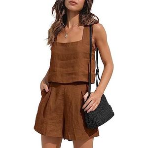 Women Two Piece Outfits Lounge Linen, Tank Top and Shorts, Summer Beach Vacation Clothes, Summer Loose Shorts with Pockets, Boho Streetwear, Linen Matching Sets,Dark brown,M