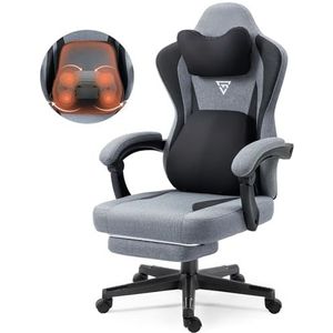 Vigosit Gamingstoel met verwarmde massage lendensteun, stof gamerstoel met tas, lentekussen en voetensteun, rood en hoog, ergonomisch, 150 kg belastbaarheid (grijs)