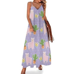 Grappige lama cactus kawaii-jurk voor dames, lange boho-jurk, spaghettibandjes, maxi-jurk, V-hals, strand, casual