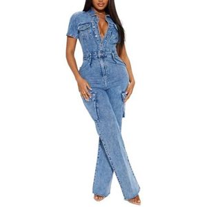 LoprNsdgt Casual Jumpsuits Met Korte Mouwen Voor Dames Multi Pockets Button Down Denim Stretch Jumpsuits,Blauw,L