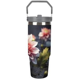 FHECVBN Grote Capaciteit Auto Cup Koffie Tumbler Bloem Koffie Mok Flip Stro Tumbler Rvs Cup Geïsoleerde Tumbler Travel Mok 30oz