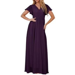 Bruidsmeisjesjurken met korte mouwen voor bruiloft, geplooide chiffon, formele avondfeest, maxi-jurk, V-hals, AH153, Druif, 32
