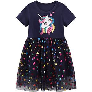 Baogaier Meisjes Jurk Eenhoorn Pailletten Zomerjurk Katoen Korte Mouw Kinderen Meisje Marineblauw Zomer Borduurwerk Appliqueren Casual Topjes T-shirt Jurken Feest Tutu Tule Prinses Partyjurk 3-4 Jaar