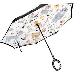 JOJOshop Bos dier partij C-vorm handvat voor auto gebruik,Winddicht en waterdicht omgekeerde opvouwbare lichtgewicht paraplu's