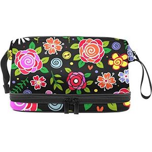 Dubbele Laag Cosmetische Tas Bloemen Draagbare Make-up Tas Reizen Organizer Pouch voor Vrouwen Meisjes Toiletartikelen Tassen, Meerkleurig, 27x15x14 cm/10.6x5.9x5.5 in, Make-up zakje