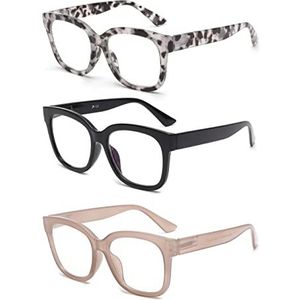 JM Set van 3 leesbrillen voor dames, vierkant, blauw licht, computer, leesbril, 3 verpakkingen gemengde kleuren, 135 Millimeter