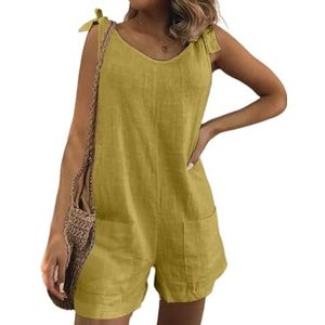 BANGHA Jumpsuits Voor Vrouwen Zomer Casual Effen Kleur Lace Up Casual Strap Jumpsuit Vrouwen Katoen Linnen Rechte Broek Bib Overall Streetwear Losse Shorts Rompers, Geel, XXL