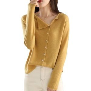 Dames Schuine Borstcardigan, Knoopsluiting, Lange Mouwen Gebreide Trui, Zachte Comfortabele Casual Top(Yellow,XXL)