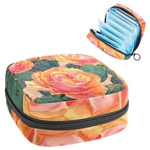 Opbergtas voor maandverband, 1 stuks, grote maandverband, organizer, herbruikbare eerste menstruatietas voor meisjes, dames, 17 x 17 x 12 cm, hippie, cactus, bloemen, roze, naadloos patroon