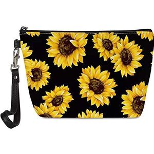 SEANATIVE Zonnebloem Print Lederen Reizen Make-up Tas Convient Rits Zwart Toiletry Borstel Pouch